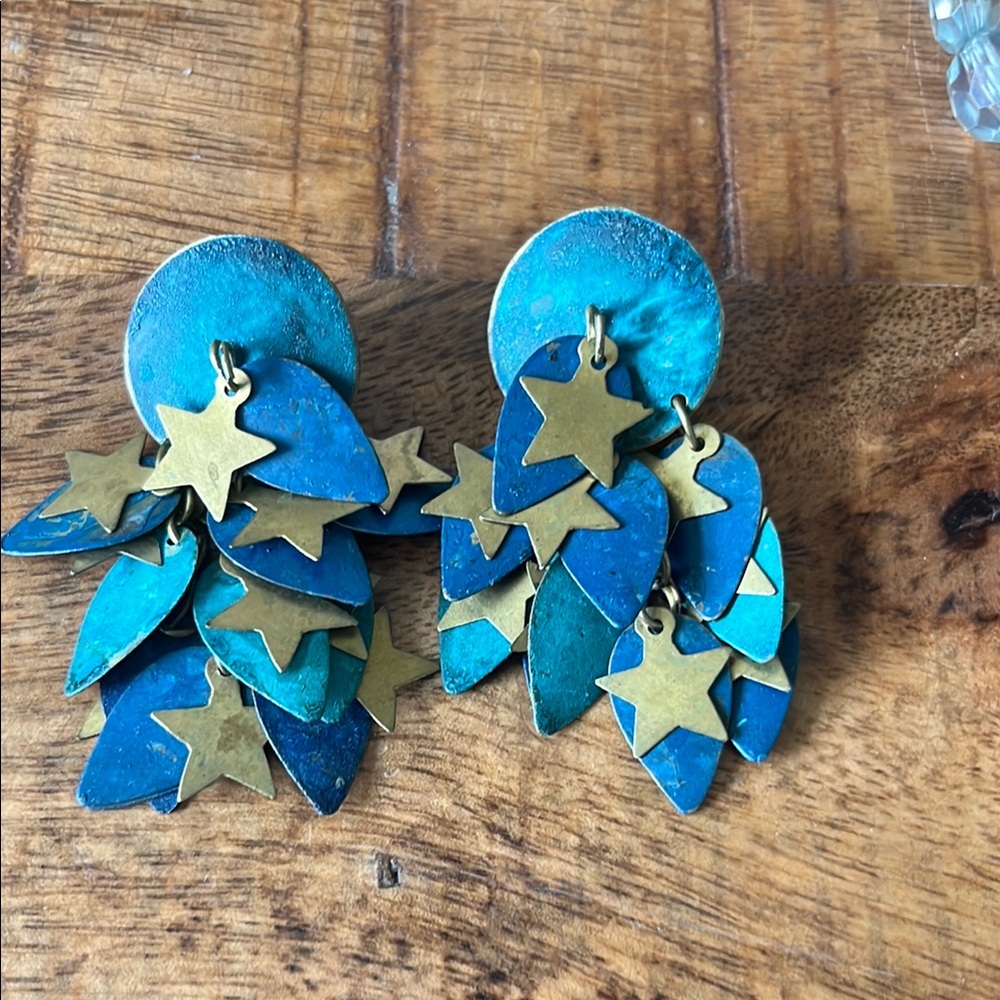 Blue and  Gold Star Dangle Earrings